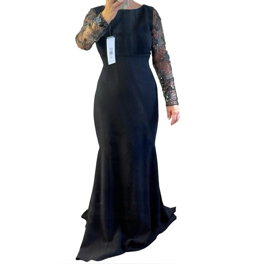 Theia Midnight Blue Lace Jeweled Long Sleeve Boat Neck Mermaid Gown sz 8 NEW Tag